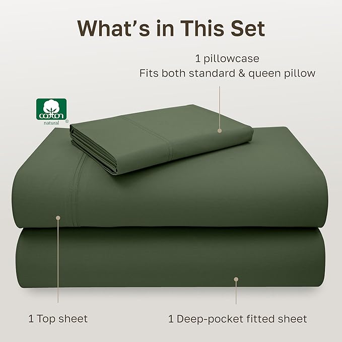 California Design Den 100% Cotton Twin Sheets Set - Luxury 600 Thread Count, Sateen Weave, Deep Pocket Twin Bed Sheets Cotton Set, Hotel Quality Bedding - Dark Olive Green