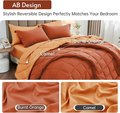 MUXHOMO 5 Pieces Twin Comforter Set, Reversible Bed in a Bag Twin Size, All Season Bedding Set with Comforter, Flat Sheet, Fitted Sheet, Pillowcases & Shams, Burnt Orange & Camel