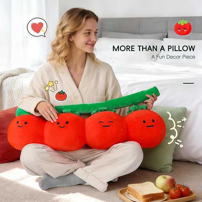 LANPU Cute Tomato Throw Pillow, Soft Plush Fruit Cushion, Kawaii Decorative Pillow for Couch Bed Sofa, Fun Plush Home Decor Gift for Couch and Bed
