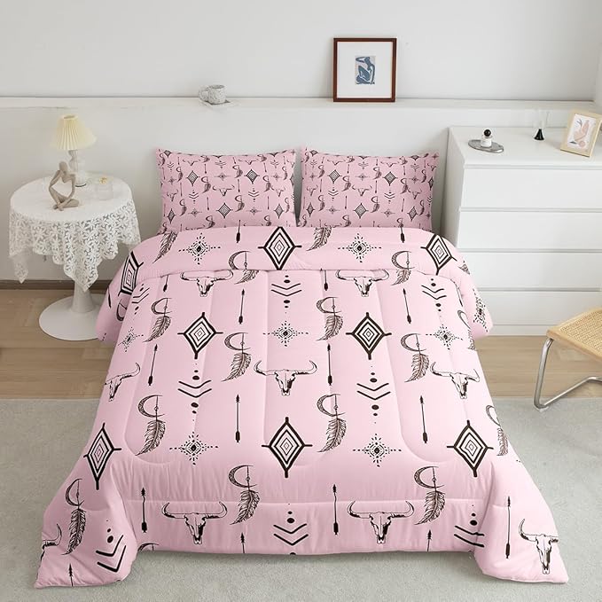 Feelyou Pink Western Bull Skull Comforter Set Ethnic Horns Boho Twin Size Bedding Set Tribal Symbol Mysterious Aztec Comforter for Man Women