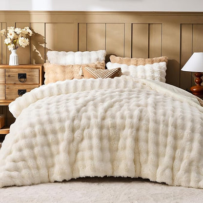 Lotus Karen Faux Fur Queen Comforter Set – Cream White Fluffy Comforter Queen Size, Big Bubble Faux Rabbit Fur Bedding Comforter Sets, Warm Cozy Fuzzy Bed Set 3 Pieces, 1 Comforter and 2 Pillowcases