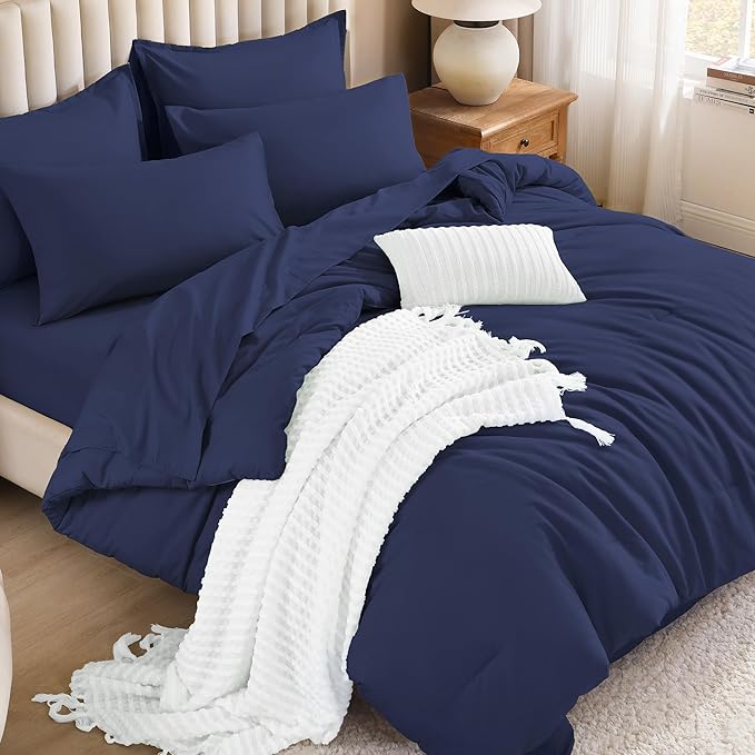 Litanika Full Size Comforter Sets Navy Blue - 7 Pieces Bed in a Bag Full Bedding Comforter Sets, Solid Lightweight Bed Set with Comforter, Sheets, Pillowcases & Shams