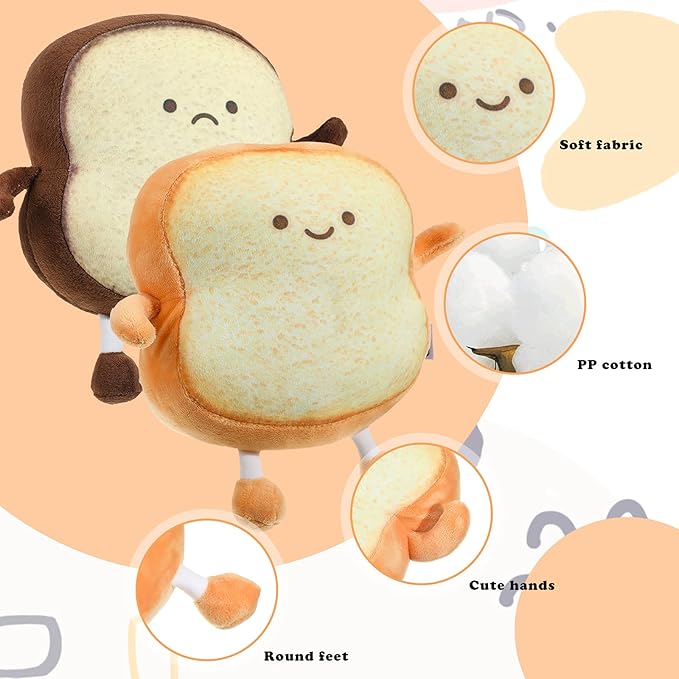 Yookeer 2 Pieces Toast Bread Pillows Bread Shape Pillows 2 Styles Funny Food Pillow Facial Expression Stuffed Toast Sofa Pillow Food Cushion Stuffed for Adults Home Room Decor