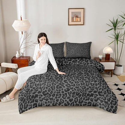 Erosebridal Leopard Print Queen Size Comforter Set-3 Pieces Cheetah Print Comforter for Women Room Decor,Soft Black and Grey Wild Animal Skin Texture Bedding Set with 2 Pillowcases for All Season