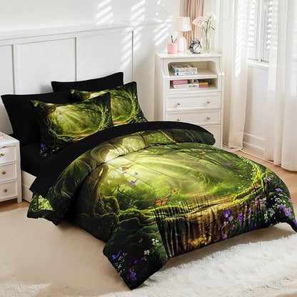 Nesker 7 Pcs Spring Comforter Set Full Size, Green Forest Path Bedding Set for Kids and Adults, Magical Butterfly Nature Bed Sheet Sets with Fitted Sheet 2 Pillowcases & 2 Shams