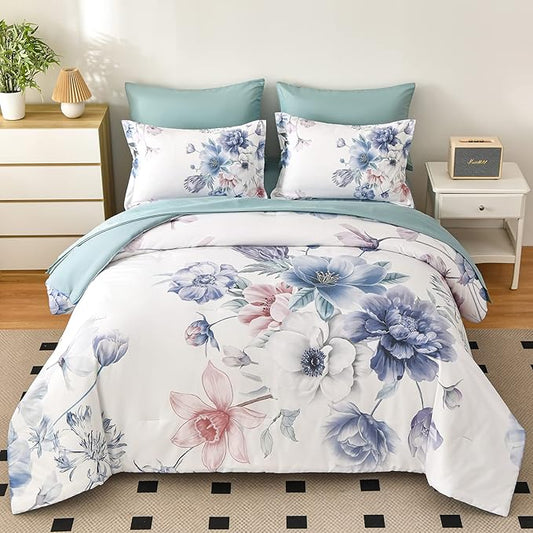 Floral King Size Comforter Set - 7 Piece Bed in a Bag, Light Blue Flowers Printed on White Bed Comforters with Sheets, Soft Lightweight Bedding Set for All Season(Light Blue, King