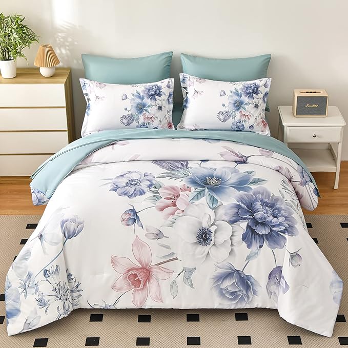 7 Piece Bed in a Bag Queen Floral Comforter Set Botanical Flower Printed on Light Blue Bedding Set, Soft Lightweight Comforter with Sheet Set for All Season (Light Blue, Queen)