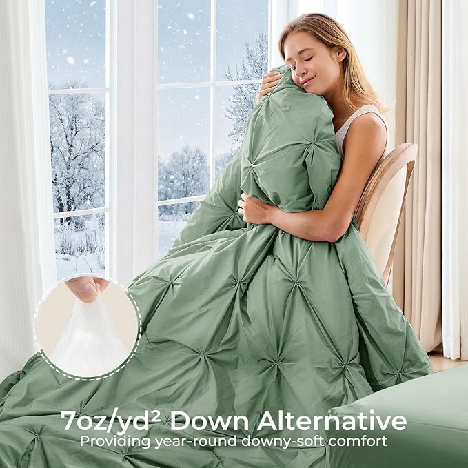 Sasttie King Size Comforter Set, 7-Piece Bed in a Bag, Pintuck Bedding Set for All Season, Includes Comforter, Flat Sheet, Fitted Sheet, Pillowcases and Pillowshams, Sage Green