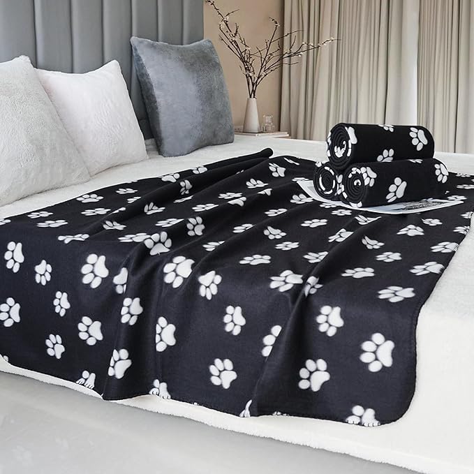 ZYFZCYBL Fleece Throw Blankets Lightweight Warm Soft Cozy Pet-Friendly Bulk Fleece Throw Blanket Solid for Home Bed, Sofa，Office,Gifts, Couch (Pack of 6-50 x 60 inch，Black White Paw Print)