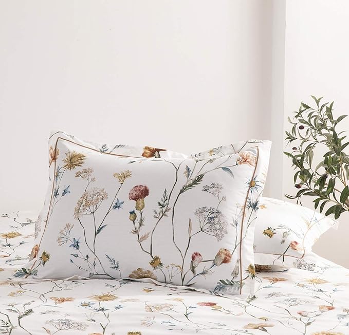 SLEEPBELLA Comforter Queen Size, 600 Thread Count Cotton White Printed with Blue & Blush Flowers Cotton Comforter Set,Down Alternative Bedding Set 3Pcs(Queen, White Floral)