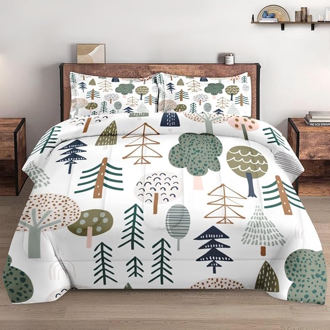 Comforter Set Full Size, Woodland Tree Wood 3 Pcs Soft Bedding Set for Kids and Adults, Plant Pine Green Comforter Set with 2 Pillowcases, for Bedroom Bed Decor