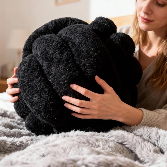 Knot Pillow Ball Plush - Decorative Throw Pillows for Bed Relieve Stress, Round Knot Cushion for Sofa Decor Pet Toy, Black 12 inch
