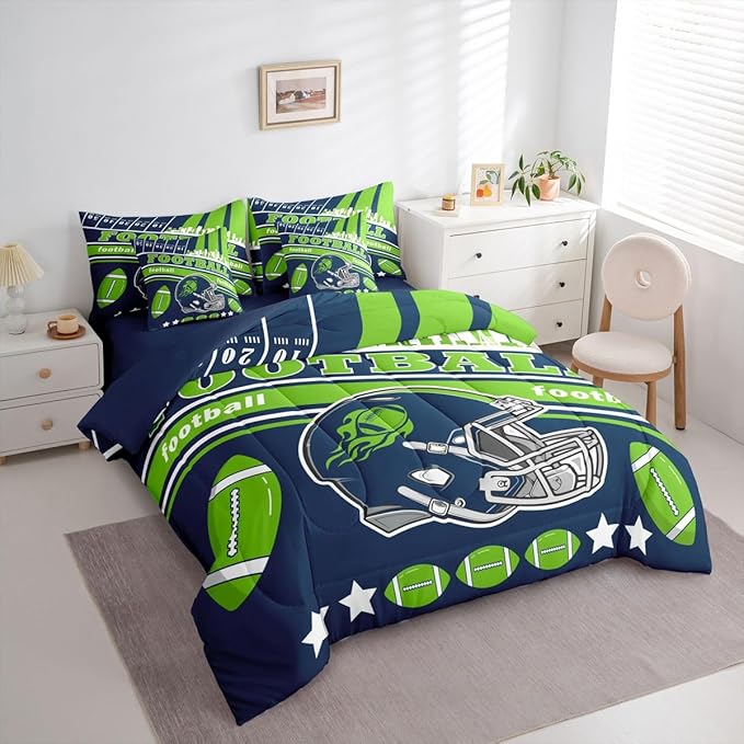 Feelyou Football 7 Pieces Comforter Sets Twin Size Kids Rugby Sports Bedding Set for All Season Football City Bed in a Bag with Comforter, Sheets, Pillowcases & Cushion Cover