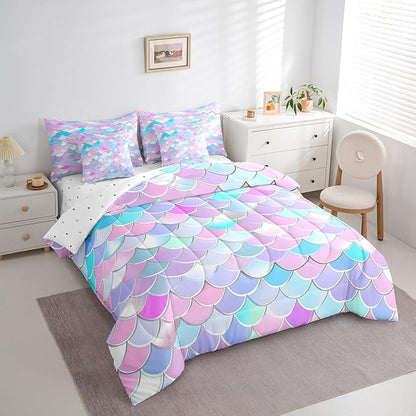 Castle Fairy Fish Scales 7 Pieces Bedding Set Colorful Comforter Set for Boys Girls Romantic Style Bed Set Room Decor Twin Size Mermaid Soft Warm Microfiber Bedding