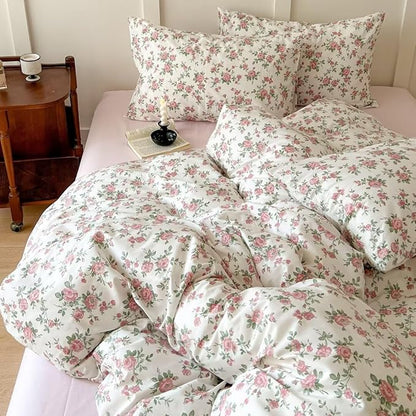 MKXI Queen Red Floral Comforter Set for Girls Botanical Bedding Comforter Red Flowers Print Vintage Farmhouse Bed Comforters