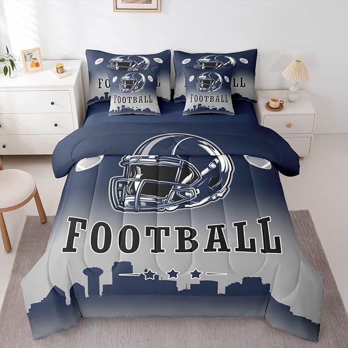 Erosebridal American Soccer Bed in A Bag Football City Full 7 Pcs Bedding Set for Kids Boys Girls,Sports Rugby Comforter Set with Sheets for Ball Fans Gift,Competitive Ball Games Bed Set