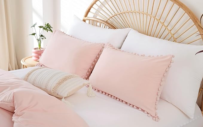 YIRDDEO King Size Comforter Set - King Size Comforter with Ball Pom Fringe, Soft King Bedding Set for All Seasons - 3 Pieces, 1 Comforter (104"x90"inches) & 2 Pillow Shams(20"x36"), Blush