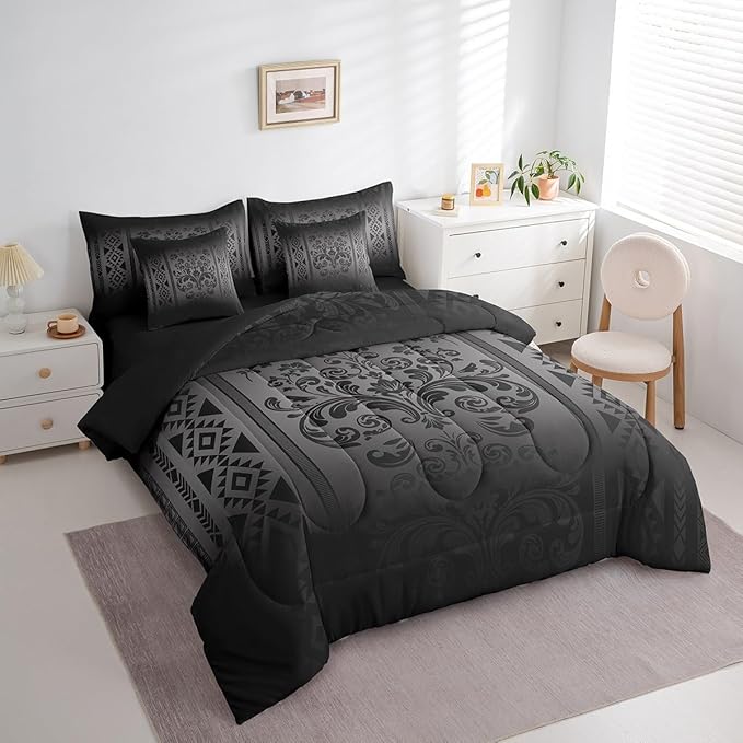 Comforter Set King Size, Black and Grey Aztec Damask 7 Pcs Bedding for Kids Adults, Victorian Decor Western Baroque Goth Bed Sheet Sets with Fitted Sheet 2 Pillowcases & 2 Shams for Bedroom Bed Decor