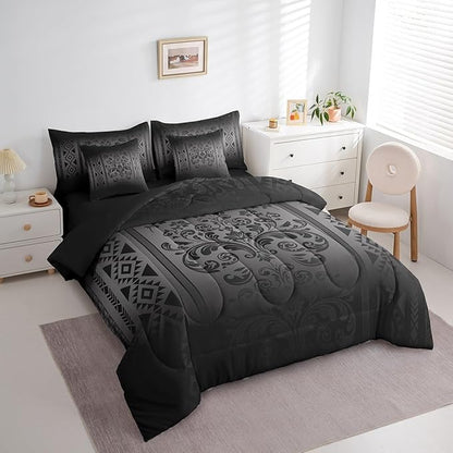 Comforter Set King Size, Black and Grey Aztec Damask 7 Pcs Bedding for Kids Adults, Victorian Decor Western Baroque Goth Bed Sheet Sets with Fitted Sheet 2 Pillowcases & 2 Shams for Bedroom Bed Decor