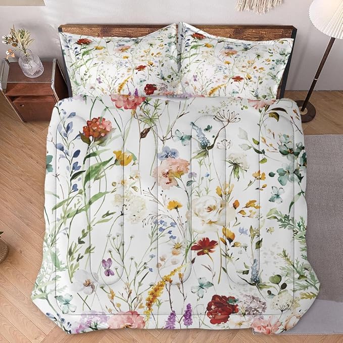 King Size Comforter Set with 2 Pillowcases, Wildflower Flower Floral 3 Pcs Bedding for Kids and Adults, Boho Watercolor Butterfly Soft Comforter Set for Bedroom Bed Decor