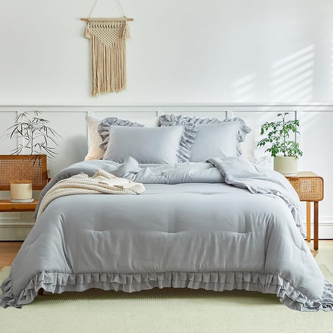 Grey Ruffled Comforter Set King Size, 3 Pieces (1 Ruffled Comforter and 2 Pillowcases) Farmhouse Shabby Chic Style with 2 Layers Ruffle, Solid Color Lightweight Fluffy Bedding Sets for All Season