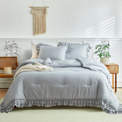 Grey Ruffled Comforter Set King Size, 3 Pieces (1 Ruffled Comforter and 2 Pillowcases) Farmhouse Shabby Chic Style with 2 Layers Ruffle, Solid Color Lightweight Fluffy Bedding Sets for All Season