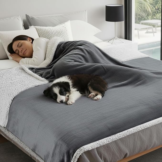Makigued Waterproof Dog Blanket for Couch & Bed, Reversible Sherpa Fleece Pet Throw with Quiet TPU Barrier, Machine Washable Furniture Protector for Large Dogs & Cats, Twin Size 60x80 Inch, Gray