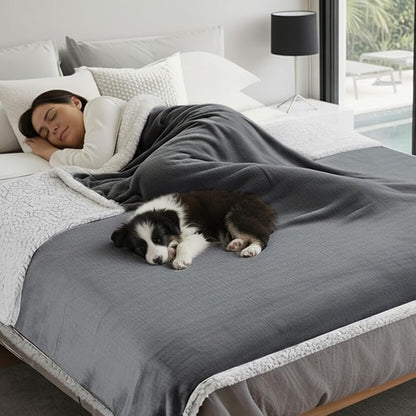 Makigued Waterproof Dog Blanket for Couch & Bed, Reversible Sherpa Fleece Pet Throw with Quiet TPU Barrier, Machine Washable Furniture Protector for Large Dogs & Cats, Twin Size 60x80 Inch, Gray