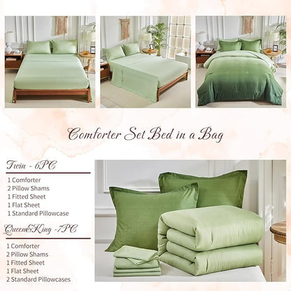 Olive Green and White Gradient Comforter Set Queen Size 7 Pieces Elegant Ombre Bed in a Bag - Reversible All Season Bedding Set with Comforter, Flat Sheet, Fitted Sheet, 2 Pillowcases & 2 Pillow Shams