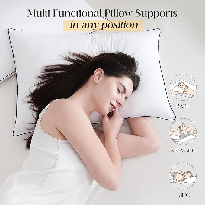 Luxurious Goose Down Bed Pillows King Size Set of 2, Hotel Collection Pillows Designed for Deep Sleep, Soft and Supportive Filling for Side, Back Sleepers 20" x 36"