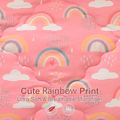 Twin Rainbow Comforter Set for Kids Girls Teens 7 Piece Pink Cloud Sun Pink Bed in a Bag 3D Cute Cartoon Love Hearts Bedding Set