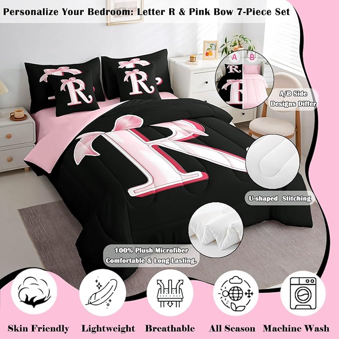 jejeloiu Kawaii Pink Bow King Comforter Set with Sheets,Gifts for Women Teen Girl,Personalized Initial Letter R 7 Piece Bedding Set,Soft Monogrammed Bed in a Bag with Comforter,Sheets,Pillowcases