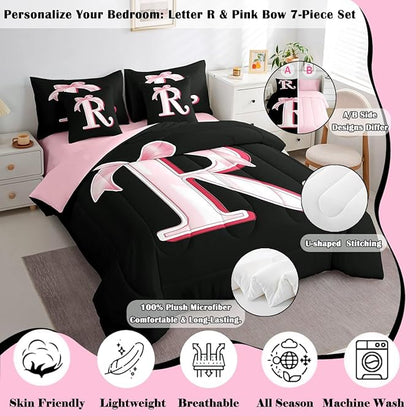 jejeloiu Kawaii Pink Bow Full Comforter Set with Sheets,Gifts for Women Teen Girl,Personalized Initial Letter R 7 Piece Bedding Set,Soft Monogrammed Bed in a Bag with Comforter,Sheets,Pillowcases