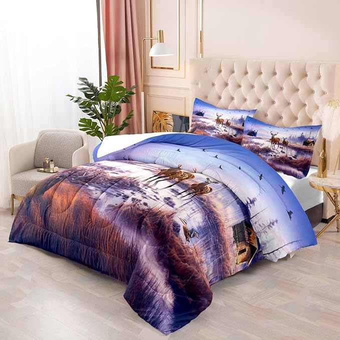 LUVIVIHOME 3PCS Cabin Comforter Set Full Size, Mallard Duck Elk Moose Black Bear Deer Bedding, Lake Forest Animal Wildlife Hunting Hunter Country Lodge Rustic Farmhouse Bedding, 2 Pillow Shams
