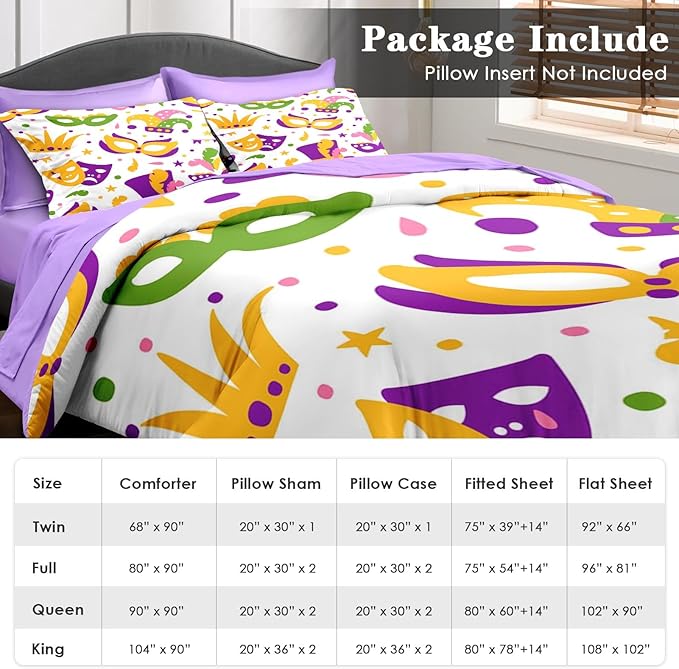 Comforter Set Full Size, Happy Purple Gold Mask 7 Pcs Bedding for Kids and Adults, Mardi Carnival Party Bed Sheet Sets with Fitted Sheet 2 Pillowcases & 2 Shams for Bedroom Bed Decor