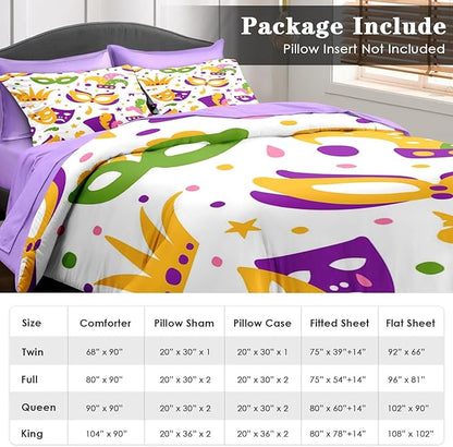 Comforter Set Full Size, Happy Purple Gold Mask 7 Pcs Bedding for Kids and Adults, Mardi Carnival Party Bed Sheet Sets with Fitted Sheet 2 Pillowcases & 2 Shams for Bedroom Bed Decor