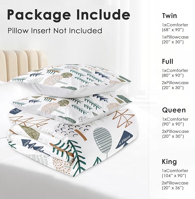 Comforter Set Queen Size, Woodland Tree Wood 3 Pcs Soft Bedding Set for Kids and Adults, Plant Pine Green Comforter Set with 2 Pillowcases, for Bedroom Bed Decor