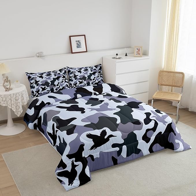 Erosebridal Camouflage Comforter Set King Size Hunting Bedding for Kids Boys Army Duck Hunter Bedding Comforter Sets Vintage Blue Grey Bedroom Decor Wild Animal Duck Farmhouse Duvet Insert