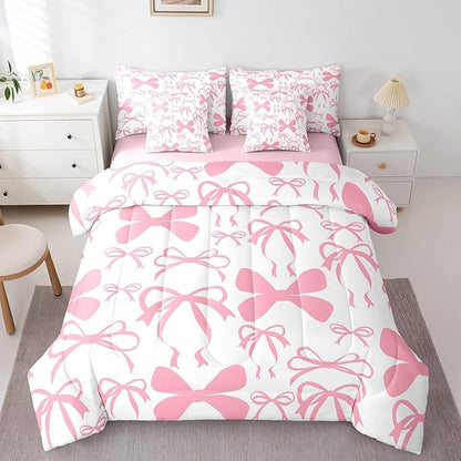 Feelyou Bow Bedding Set for All Season Boys Girls Full Size Black Cute Bowknot 7 Pieces Comforter Sets Women Men Pink Girls Bow Bed in a Bag with Comforter, Sheets, Pillowcases & Cushion Cover