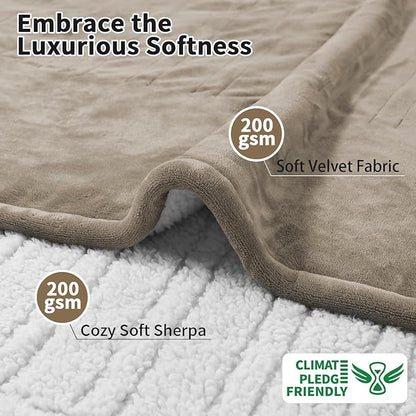 Heated Electric Blankets - Soft Flannel Heating Throw Electric Blanket with 6 Heat Settings King Size 100" × 90" Taupe - Velvet & Sherpa