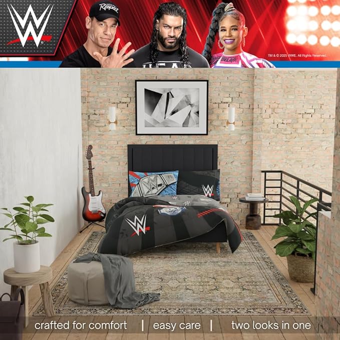 WWE Wrestling Full Bedding Set – 7 Piece Super Soft Microfiber Reversible Comforter & Sheet Set Featuring Championship Belts (Officially Licensed Product) by Franco