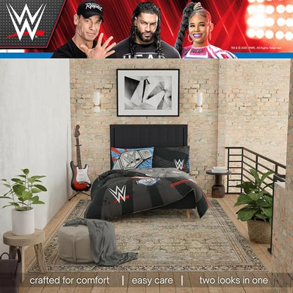 WWE Wrestling Full Bedding Set – 7 Piece Super Soft Microfiber Reversible Comforter & Sheet Set Featuring Championship Belts (Officially Licensed Product) by Franco