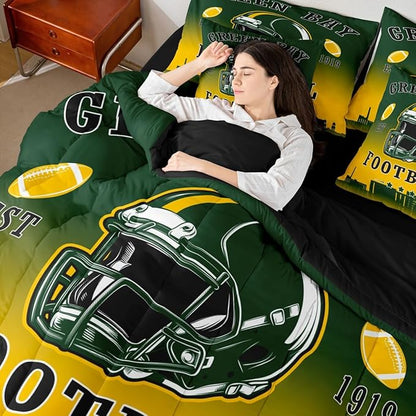 Erosebridal Football Full Boys 7 Piece Bedding Set American Soccer City Comforter Set with Sheets Rugby Sports Games Bed in A Bag for Kids Teen Adults,Green Yellow Soft Warm Bed Set