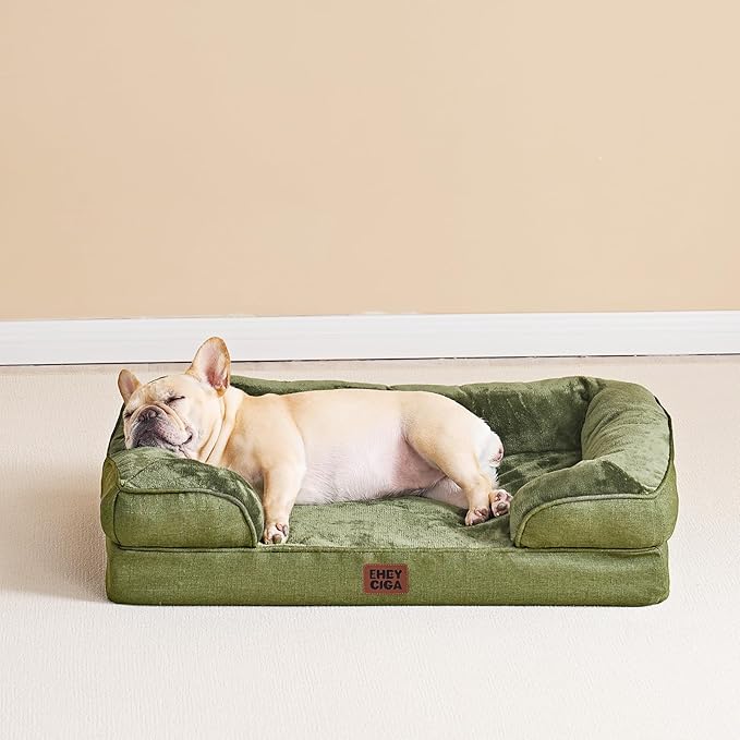 EHEYCIGA Orthopedic Dog Bed for Small Dogs, Waterproof Memory Foam Small Pet Beds with Sides, Non-Slip Bottom and Egg-Crate Foam Medium Dog Couch Bed with Washable Removable Cover, Olive Green