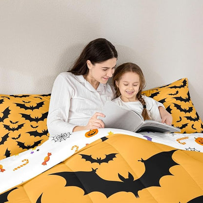 Erosebridal Halloween Bat King Bedding Set Gothic Orange Bat Comforter Set Spooky Goth Animal Bed Collections Horror Halloween Duvet Quilt Sets for Kids Teens Adults