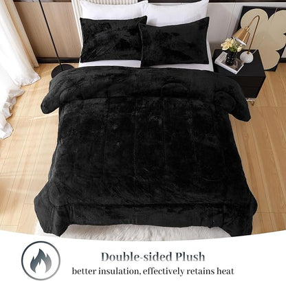 YIYEA Fluffy Queen Size Comforter Set, Luxury Faux Fur Comforter, Ultra Soft Plush Fuzzy Velvet Bedding Comforter Sets for Fall Winter, Cozy Warmth, No Shedding, 3PC, Queen, Black