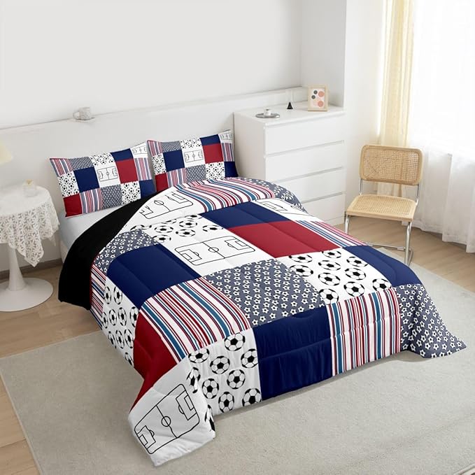 Feelyou Football Comforter Set All Season Rugby Sports Bedding Set with 2 Pillow Cases Soccer Ball Game Kids Queen Bedclothes Gift for Football Lover Bedroom Decor Navy Blue Duvet QuiltSoft