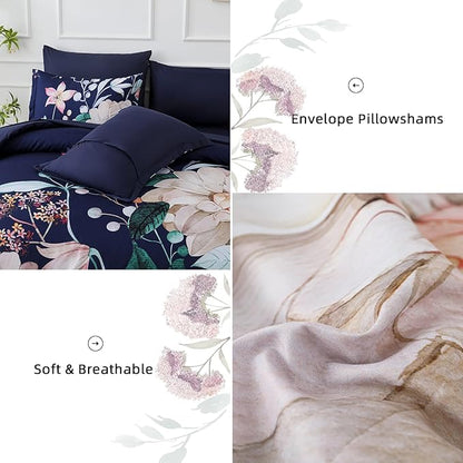 Drucon Navy Blue Comforter Set King Size - 7 Pieces Floral Bedding Sets, Soft Botanical Flowers Comforter Bed in a Bag with Sheets, Pillowcases & Shams