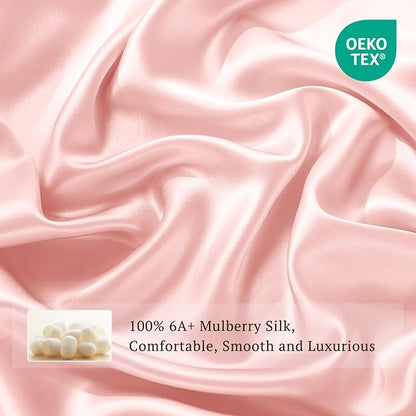THXSILK 6A+ Top Grade 100% Pure Mulberry Silk Full Fitted Sheet 3Pcs Set Bed Sheets Luxury Bedding for Hair and Skin Breathable Safe Material, 1 Fitted Sheet with 2 Pillowcases, Charming Pink