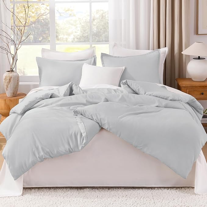 Litanika Light Grey Comforter Full Size, 3 Pieces Lightweight Solid Bedding Comforter Set, All Season Fluffy Bed Set (79x90In Comforter & 2 Pillowcases)